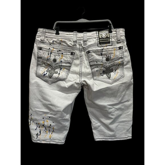 Rock Revival Jean Shorts "Rodd" White Splash Leather Inserts Shorts 40 90’s - Picture 6 of 12